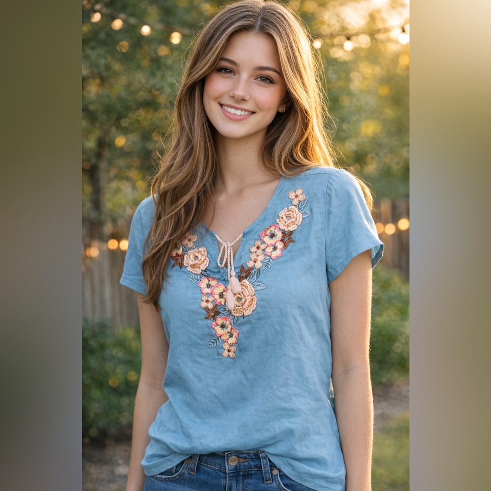 New floral embroidered shirt Panhandle Floral Embroidered Top  v notch and tie